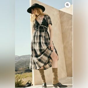 Cottage Country Plaid Lace Puff-Sleeve maxi Dress pockets size M